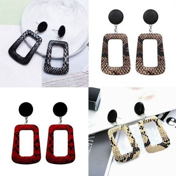 Briella Style Brown Snake Skin Pattern Open Square Dangle Earrings Gift Packaged - Picture 2 of 10